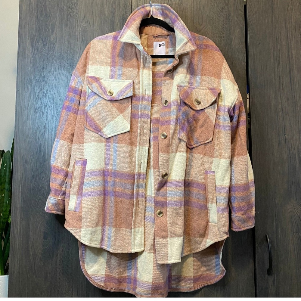 SO Goods For Life Women Plaid Oversized Shacket Peach Purple Wool Blend Small